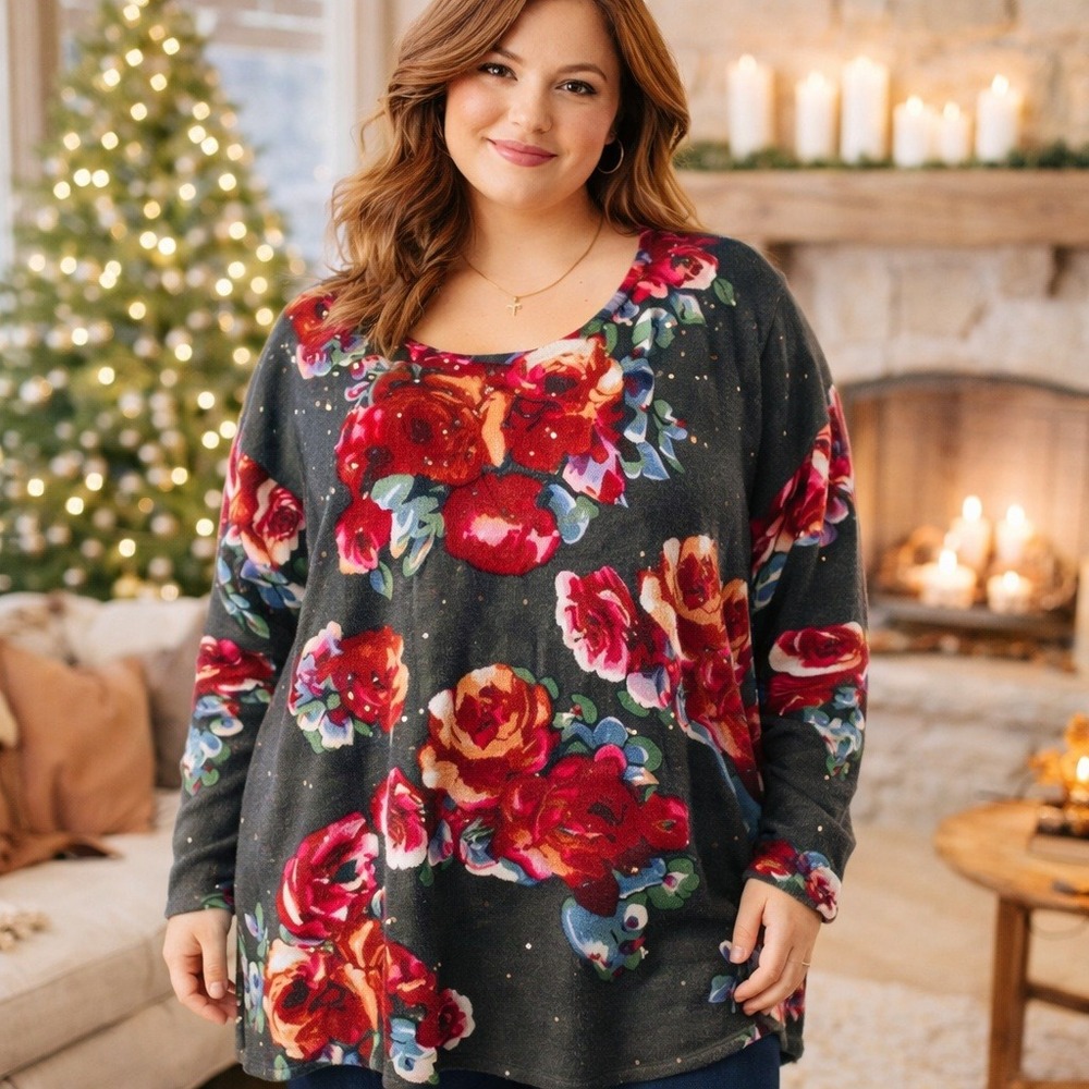 Quacker Factory 2X Floral Sweater Sequin Sparkle Boho Cottagcore Artsy Plus Size
